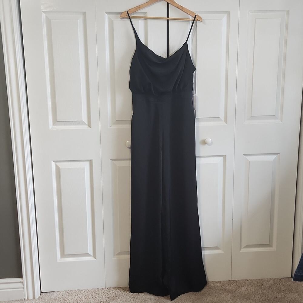 Six/Fifty Women's Black‎ Wide Leg Satin Jumpsuit Size Med Straps Cowl Front